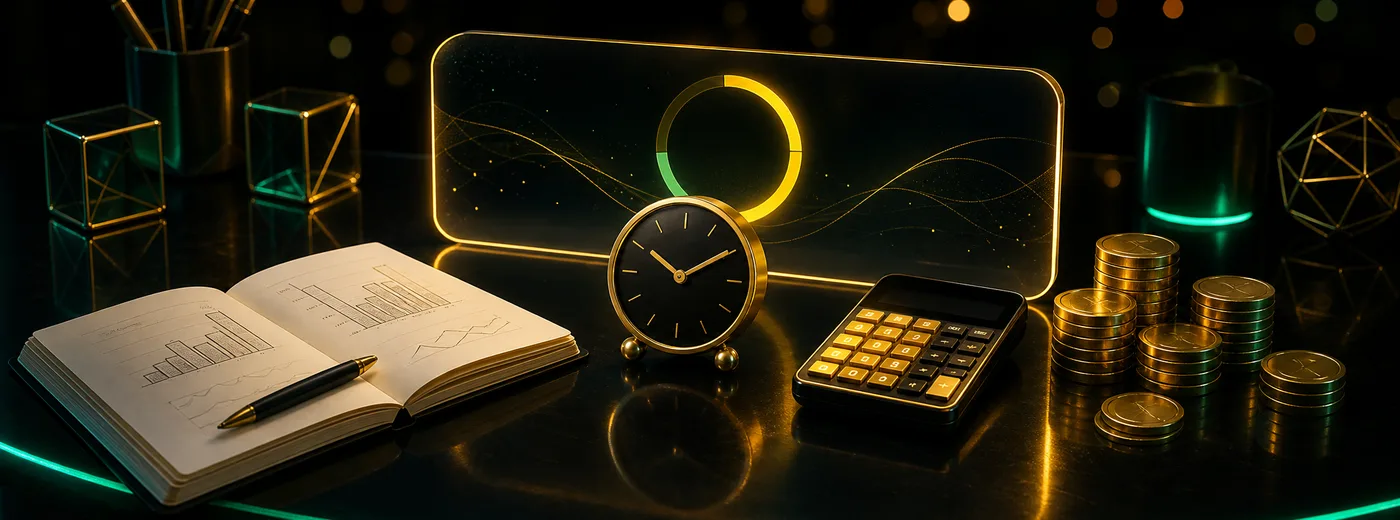 Notizbuch mit einem Budget und eine Uhr auf dem Schreibtisch