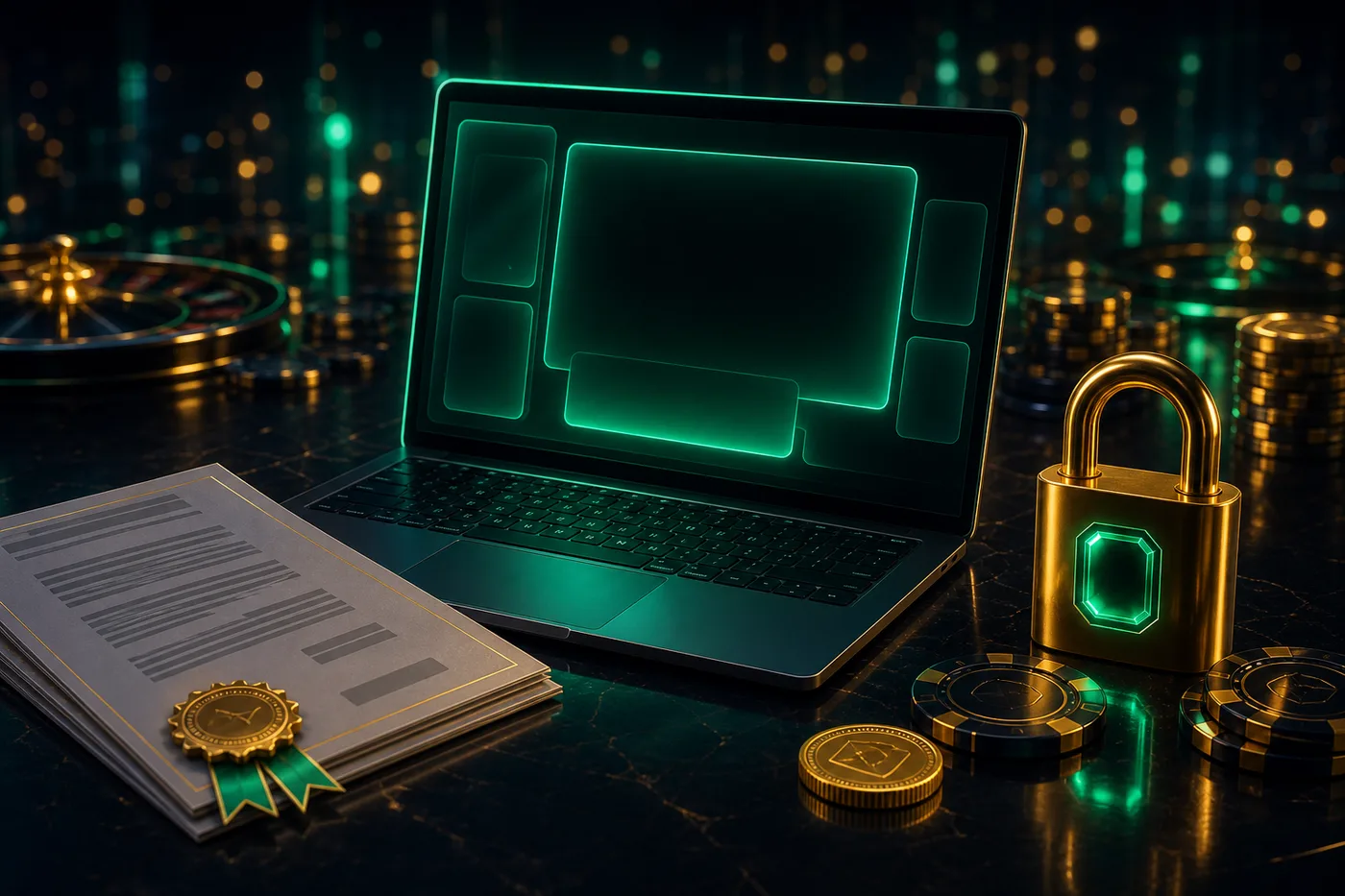 Dokument mit Bedingungen neben einem Laptop und einem Vorhängeschloss als Symbol für Kontosicherheit